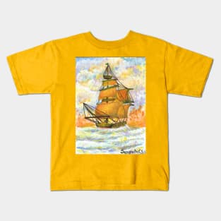 ship sailing in the sense colorful warm colors seascape acrylic painting Kids T-Shirt